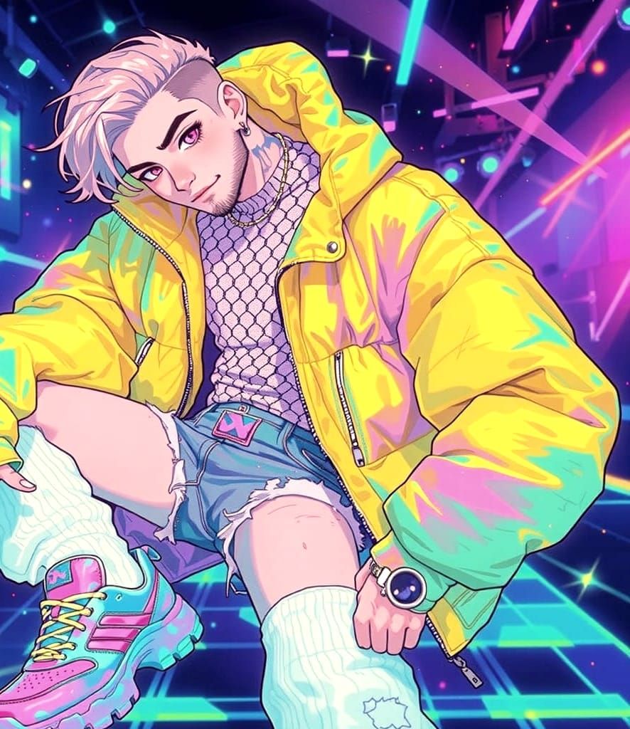 Kawaii Anime Man in Neon Nightclub