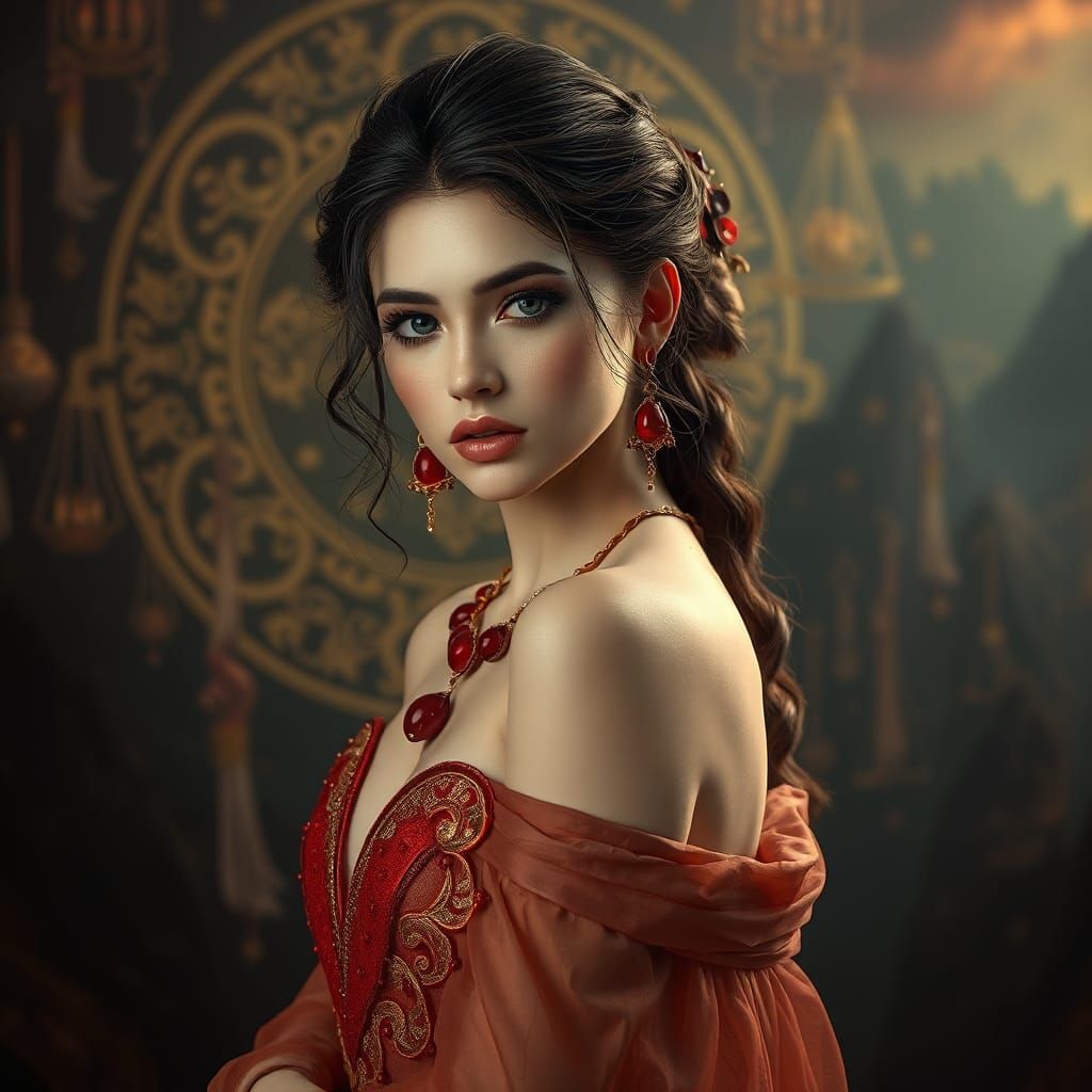 Mystical Woman in Red Jewelry, Fantasy Art Style