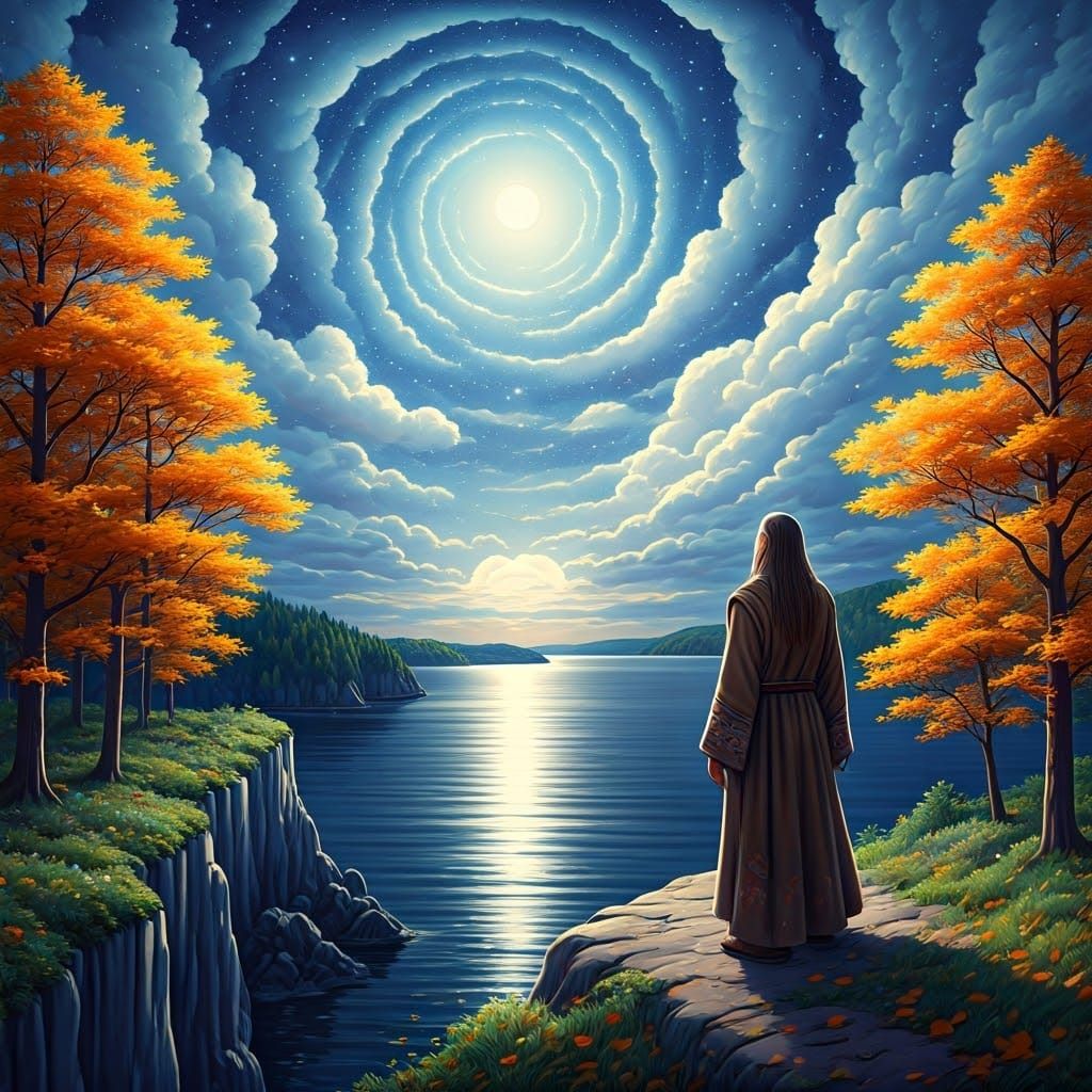 Mystical Figure Overlooking Moonlit Bay in Autumn