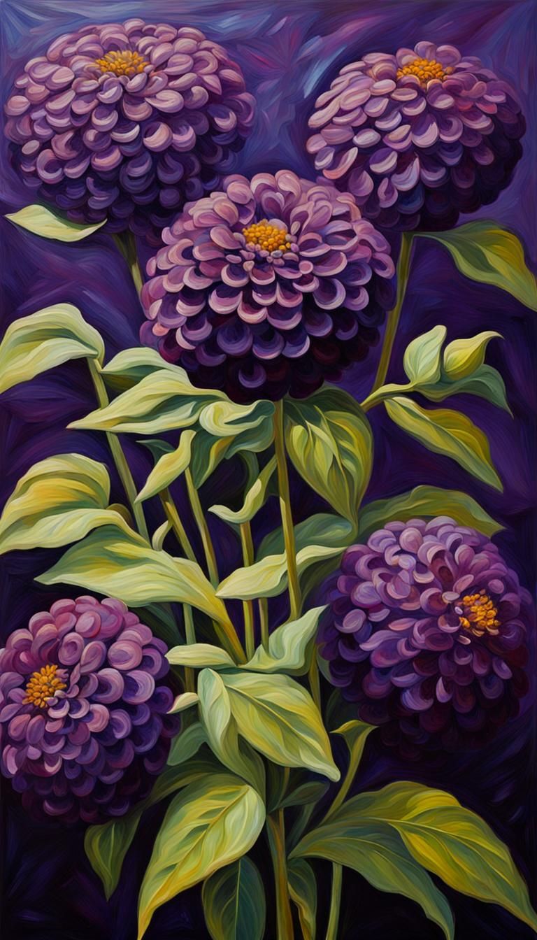 hyper detailed realistic dark purple zinnias,  complementary colors, 3D shading, flickering light, neo-impressionism exp...