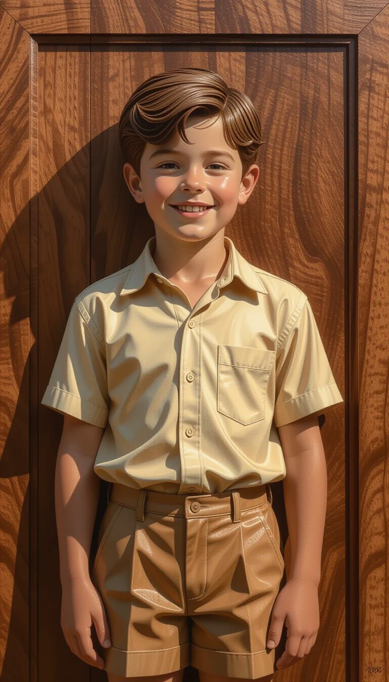 Hyperrealistic Wood Carving of a Boy with Playful Smile
