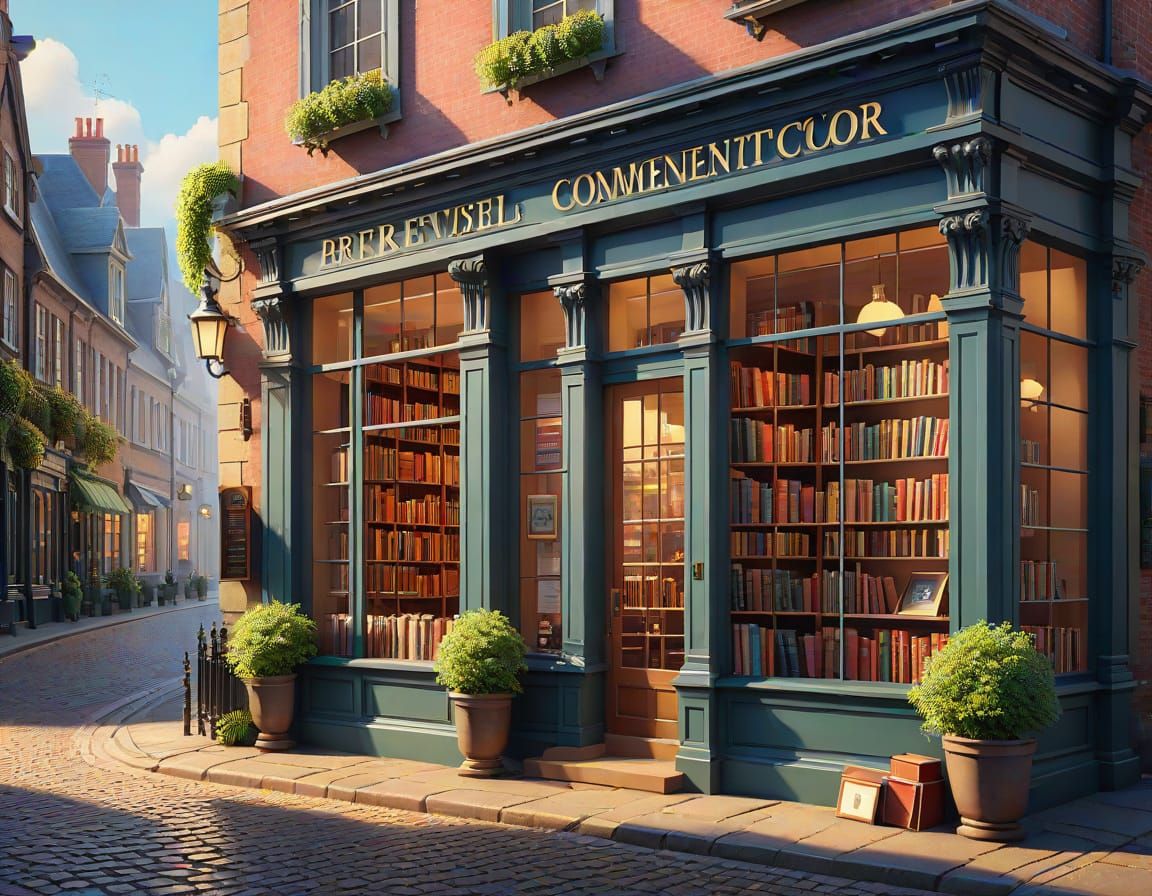 Quaint Bookshop on Cobblestone Street: Watercolor Painting