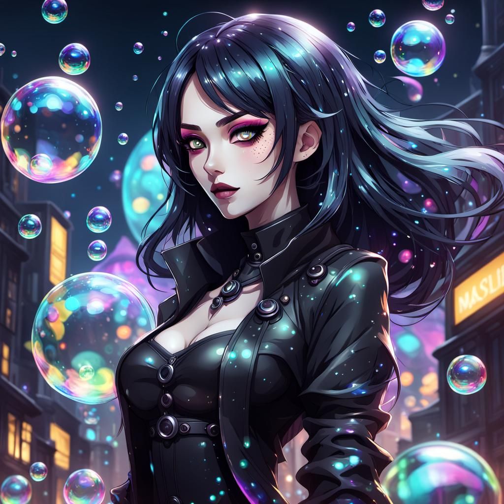 Anime Villain Surrounded by Iridescent Soap Bubbles