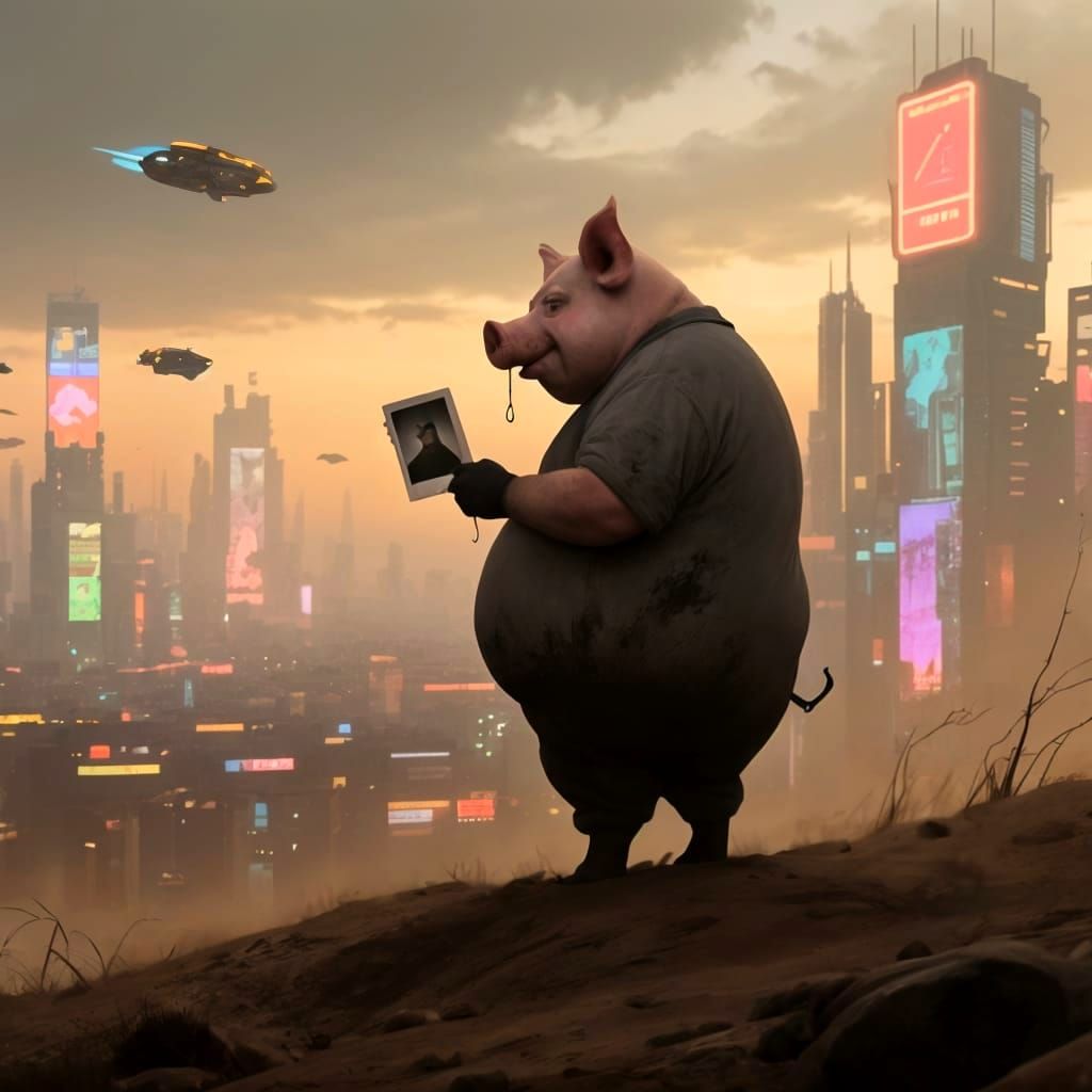 Melancholic Pig-Man Overlooks Cyberpunk Metropolis