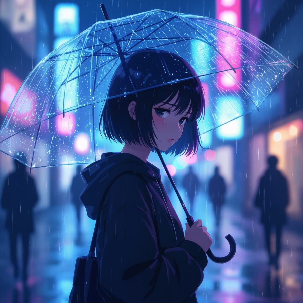 Girl with Umbrella in Rainy Neon Anime Style