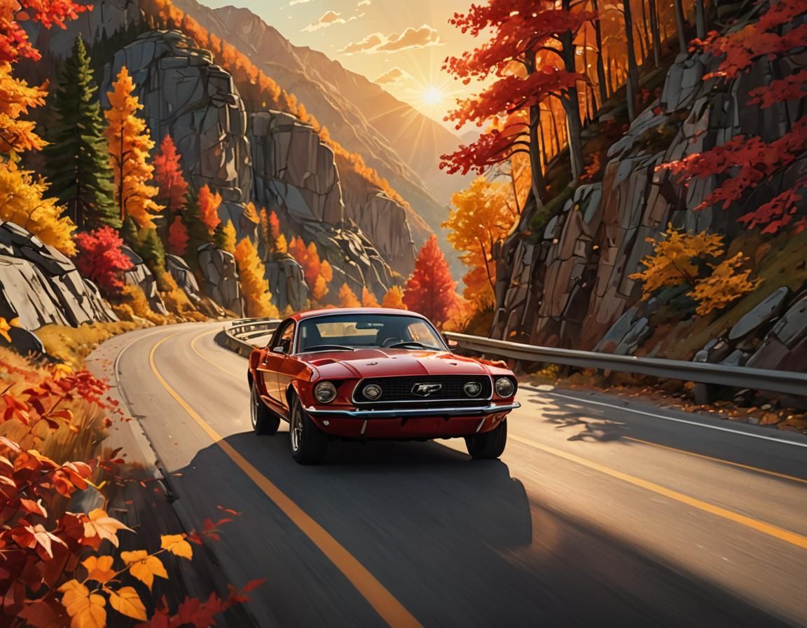 Red Mustang Drives Through Autumn Landscape