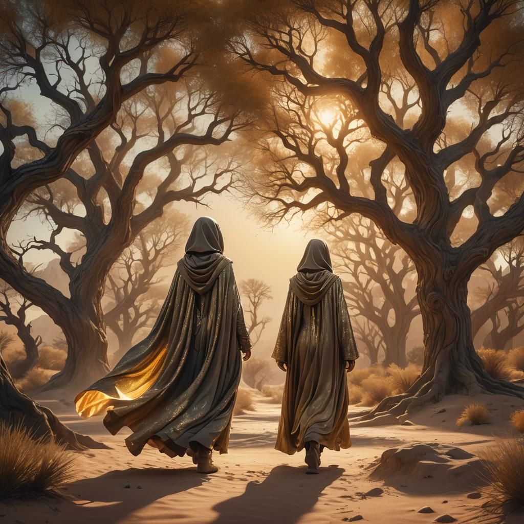 Shimmering Woman Walks to Glowing Oasis Tree