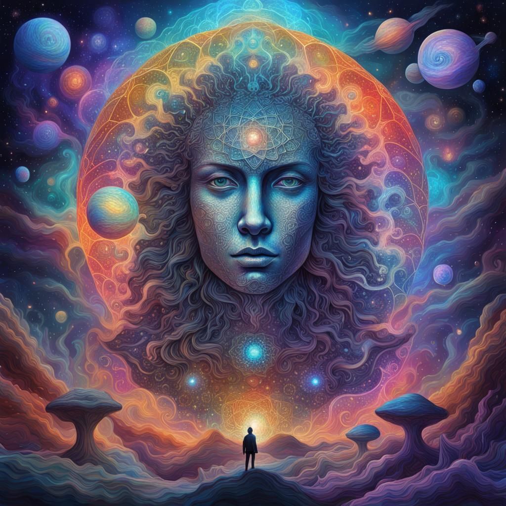 Cosmic Explorers in Holographic Astral Illustration
