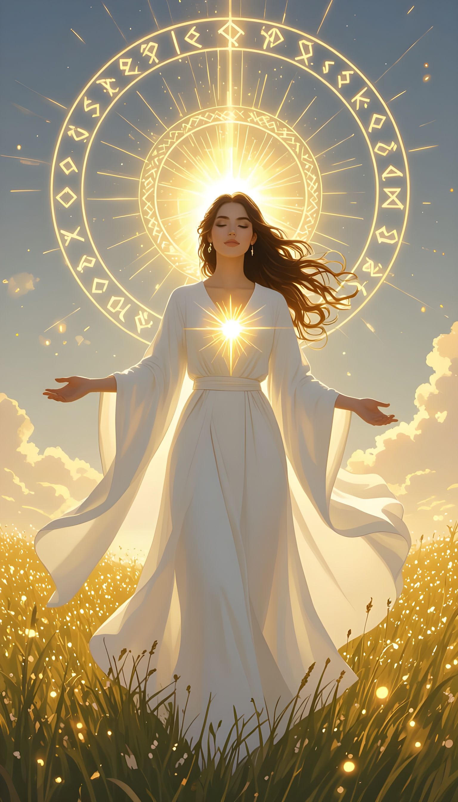 Radiant Woman in Sunlit Meadow with Glowing Runes