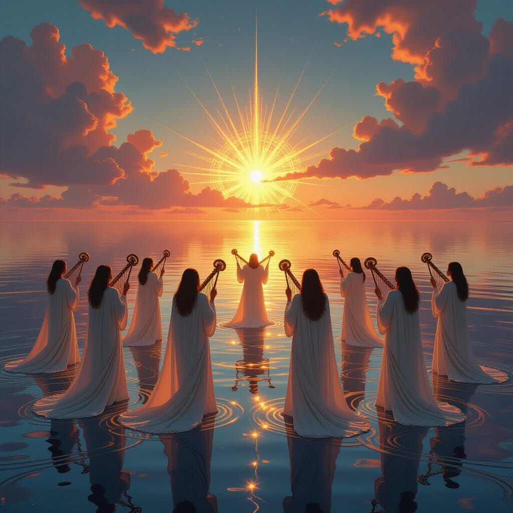 Redeemed Souls on Fiery Crystal Sea in Art Nouveau Style