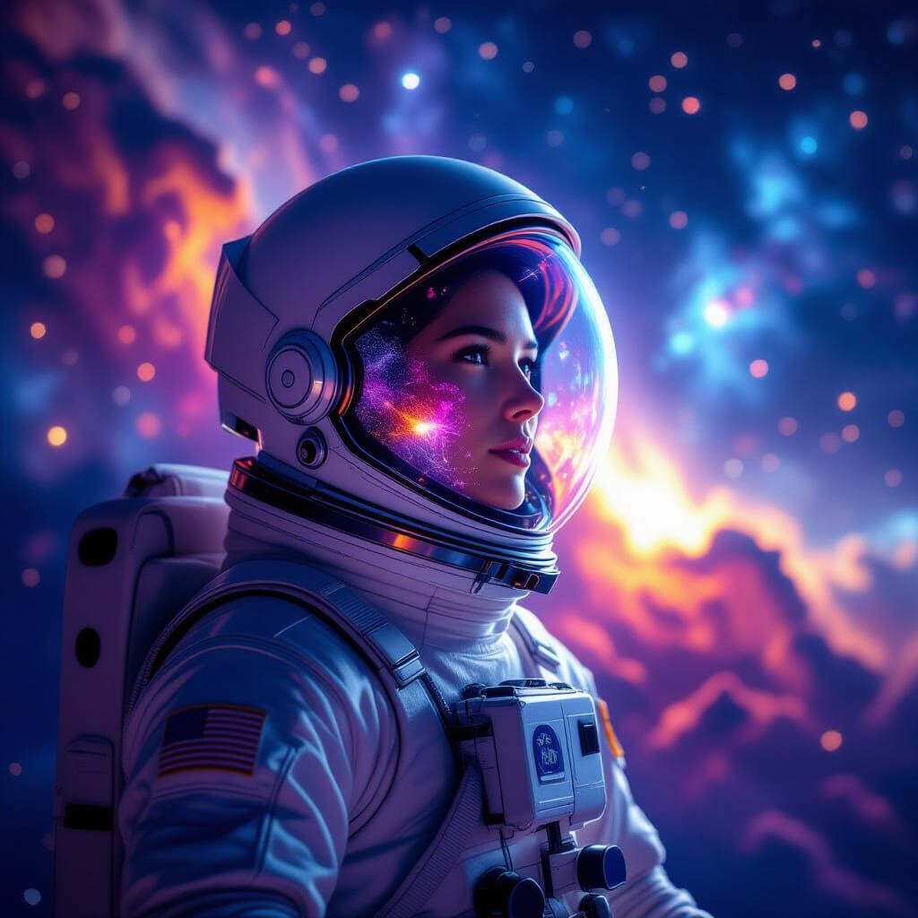 Astronaut Adrift in Cosmic Void with Crystalline Helmet