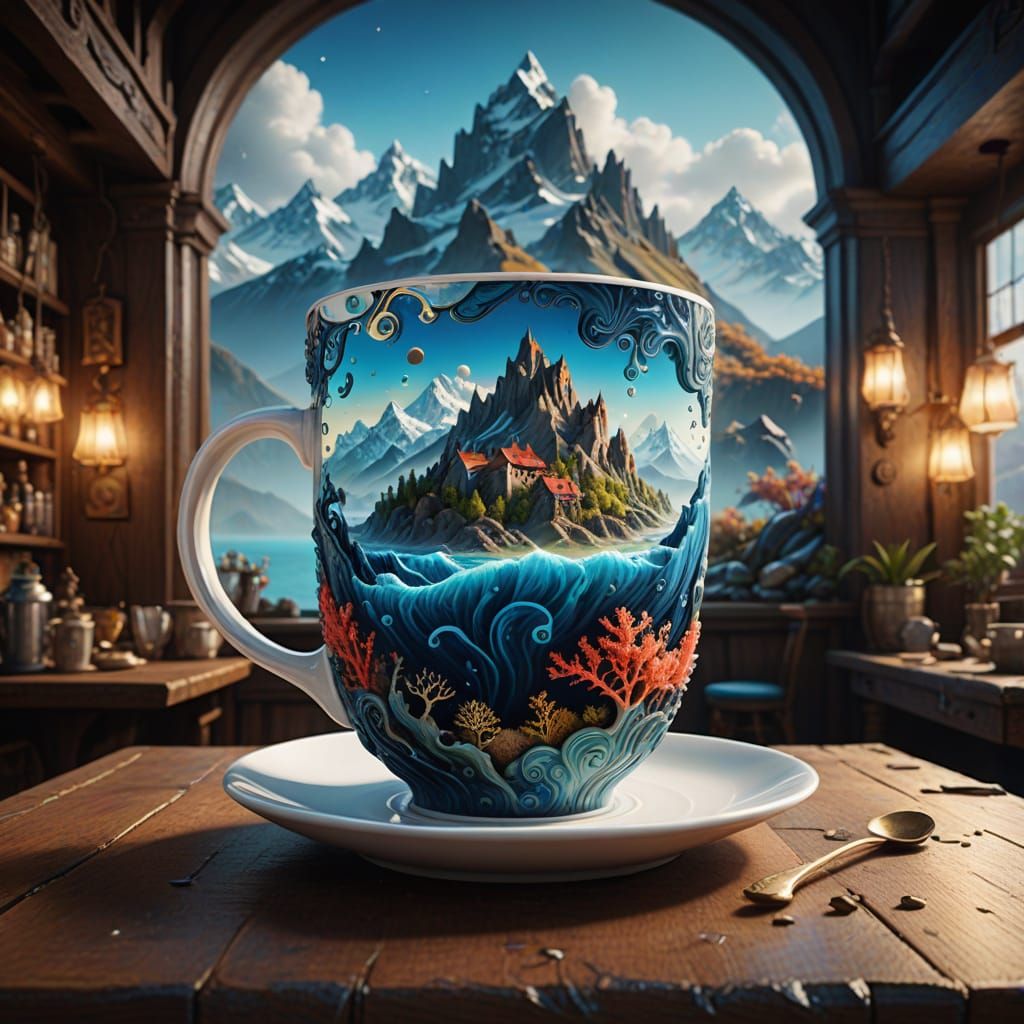 Vibrant Underwater Coffee Cup Scene in Surrealistic Style
