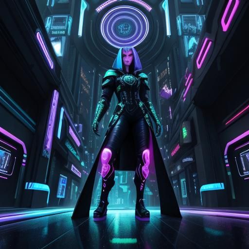 Cyberpunk Fatima Tron in Neon Cityscape
