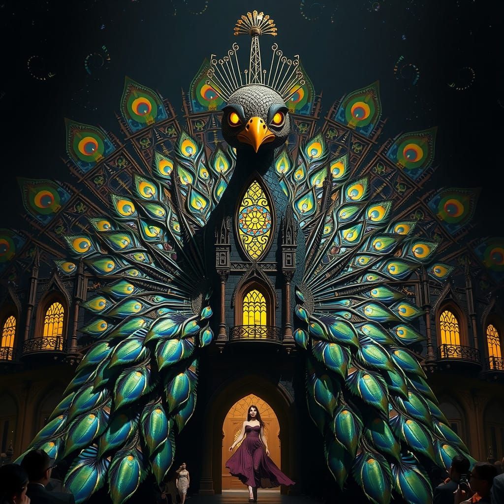 Surreal Gothic Architecture Meets Living Peacock in Cyberpun...
