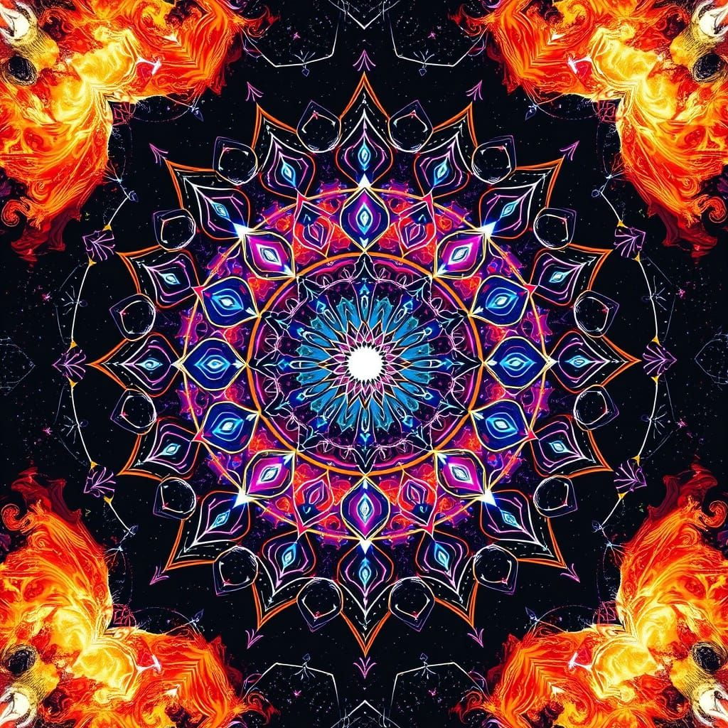 Cosmic Mandala with Ying Yang Elements in Neon Alcoholic Ink...