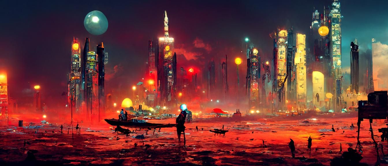 Cyberpunk Cityscape by the Sea: Digital Illustration