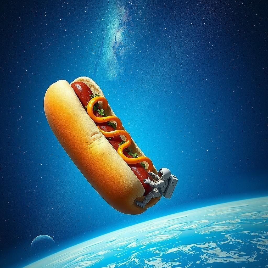 Gigantic Hotdog in Space with Tiny Astronaut