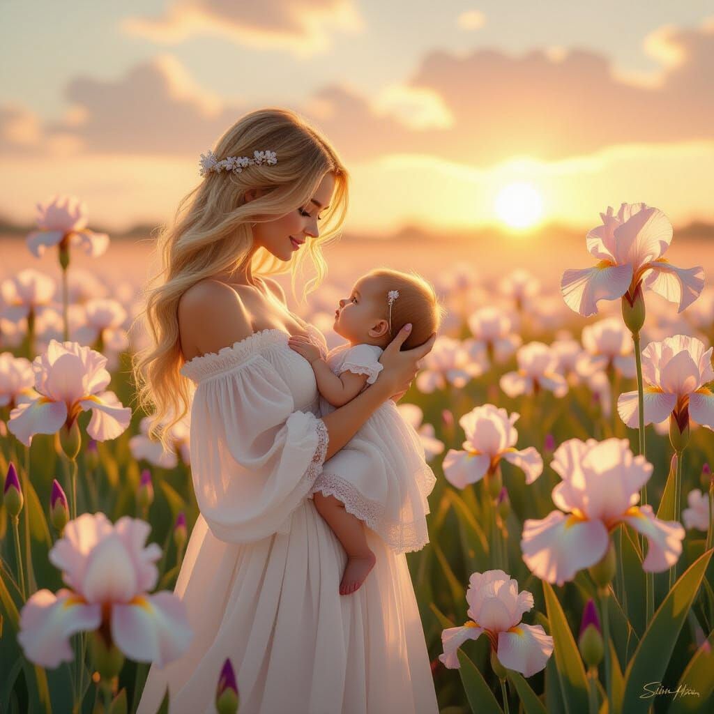 Woman and Baby in Glowing Iris Field