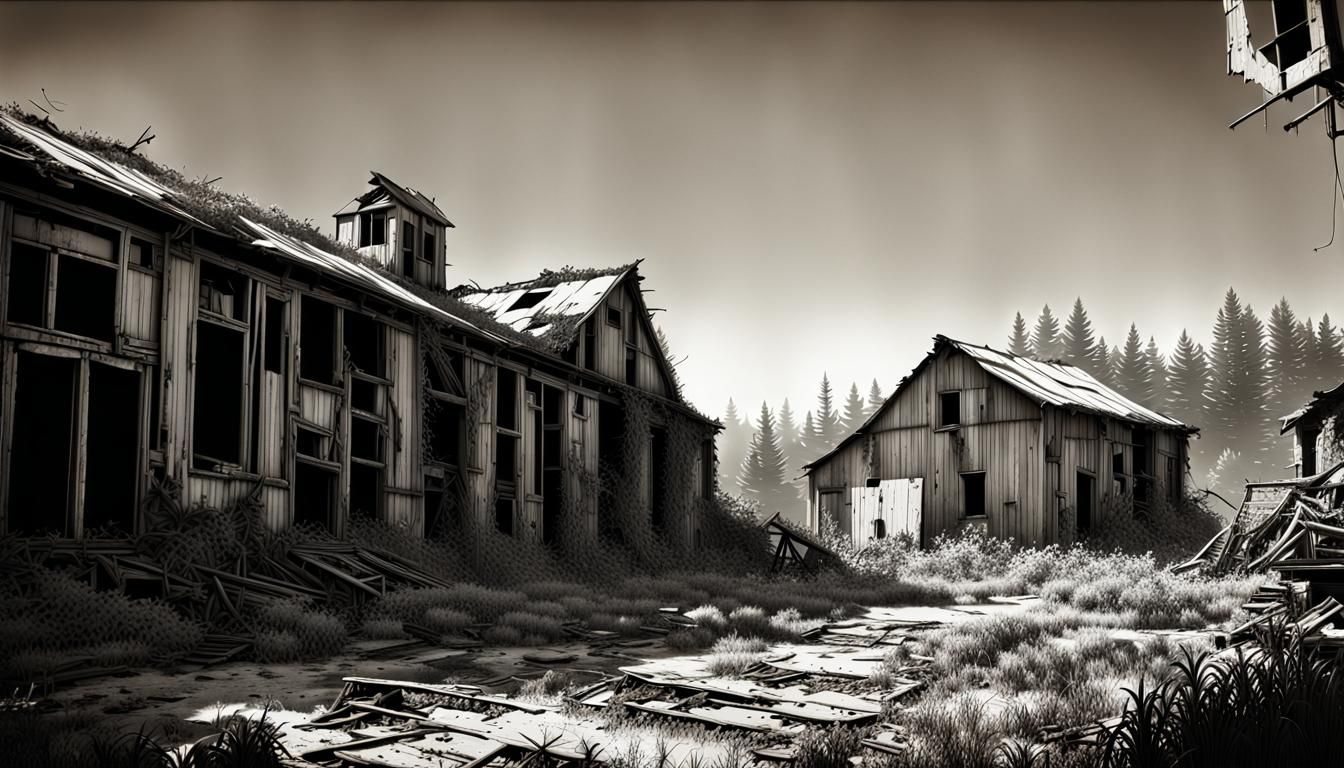 rundown, abandoned, and overgrown dairy farm