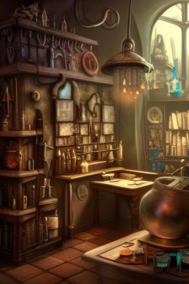 Magical Alchemist's Workshop with Ancient Artifacts