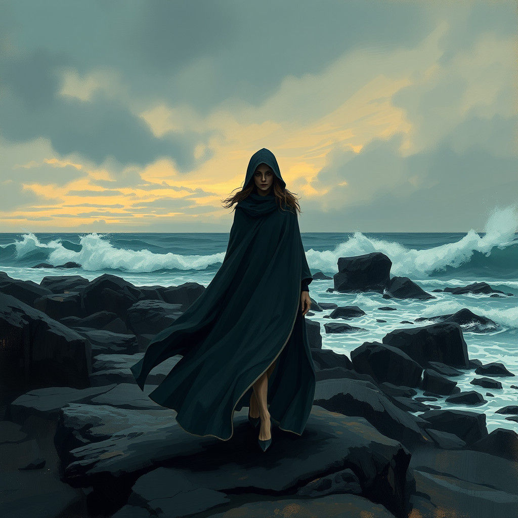 Melancholic Woman on Windswept Shoreline in Dramatic Style