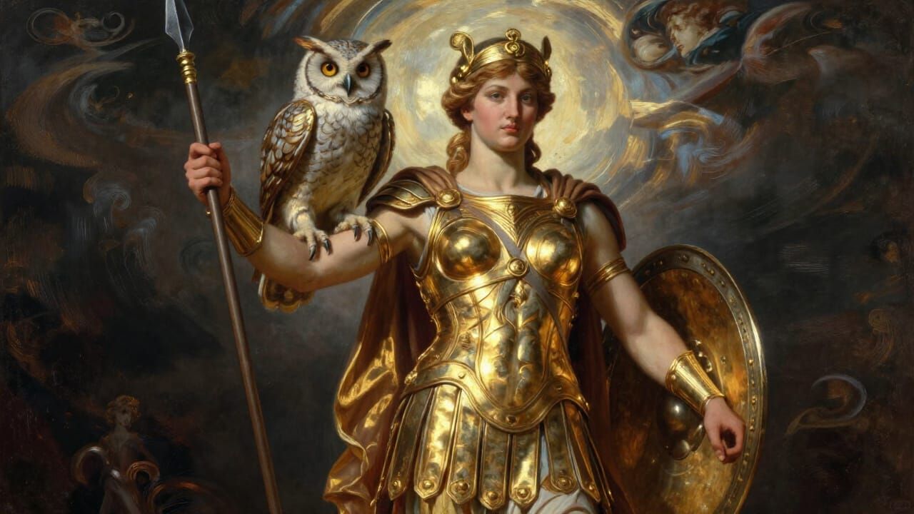 Athena Goddess of Wisdom in Golden Armor with Sacred Owl