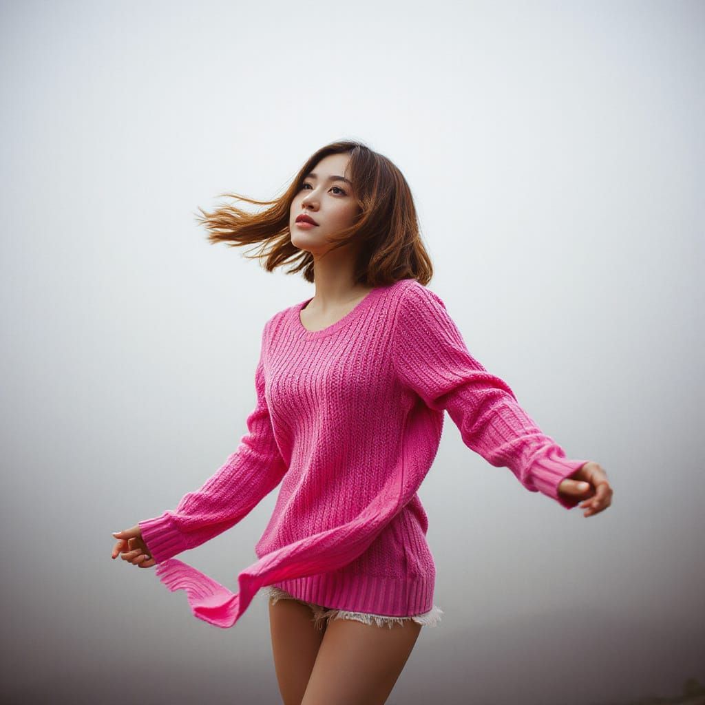 Woman in Pink Sweater: Anime-Inspired Whimsical Art