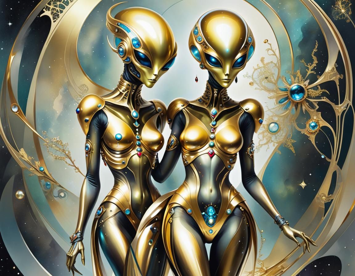 Goldenpunk Alien in Glass Clothing: Aquarelle Painting