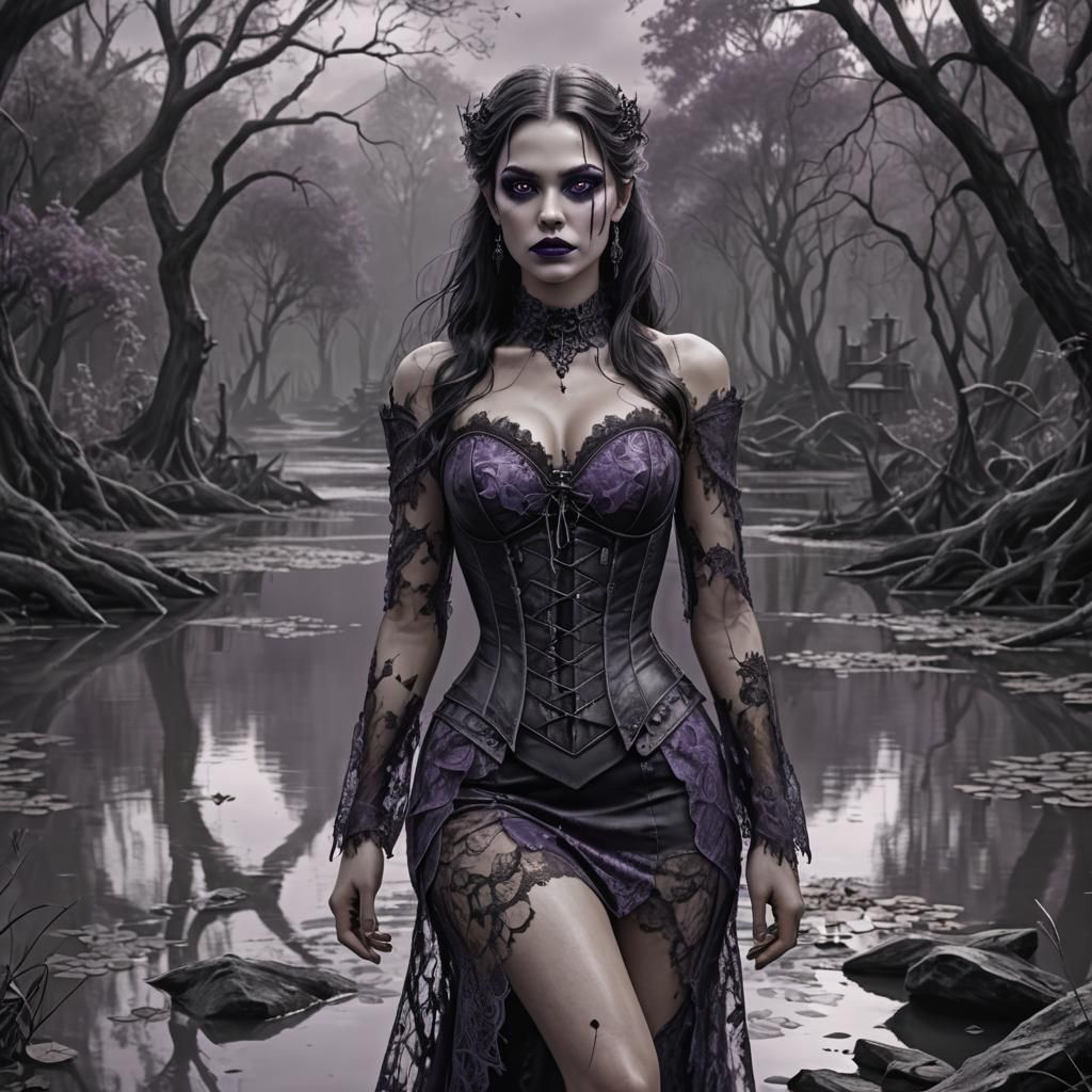 Female Vampire in Bayou: Grayscale Pencil Sketch