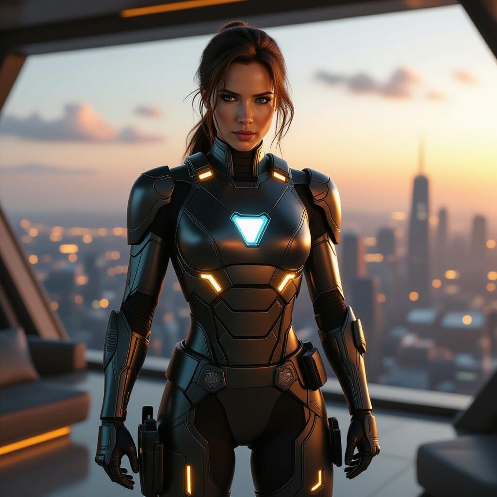 Lara Croft in Iron Man Armor at Stark Penthouse