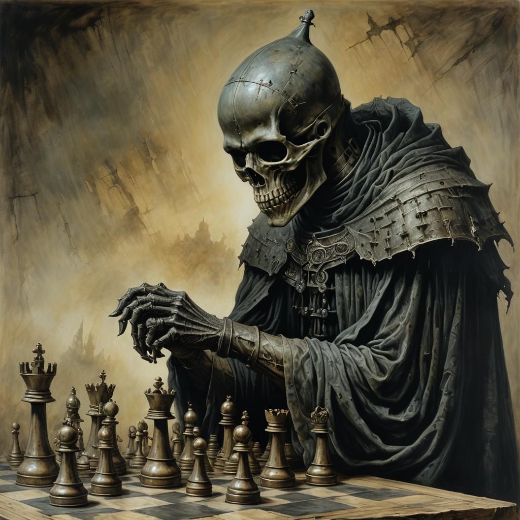 Death Plays Chess in Gothic Portrait Style