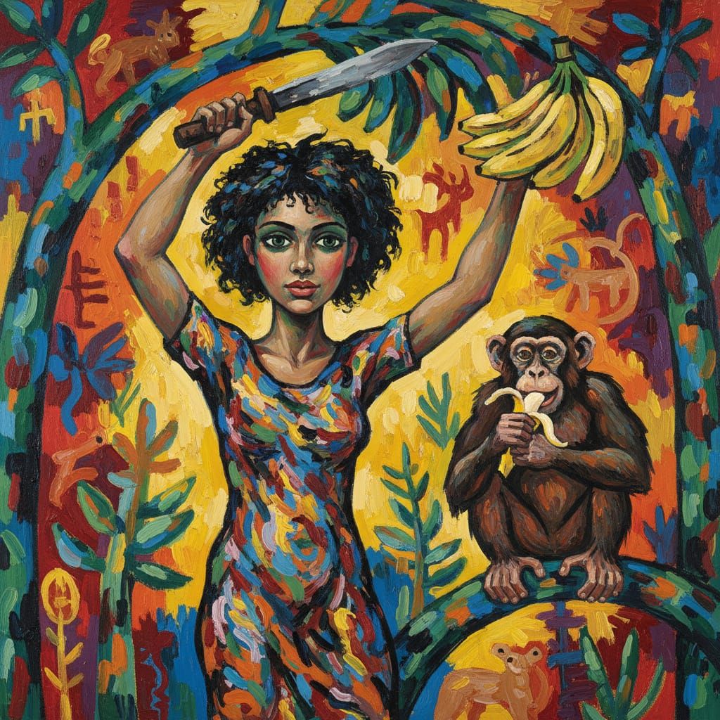 Expressive Woman with Chimpanzee in Cobra Style