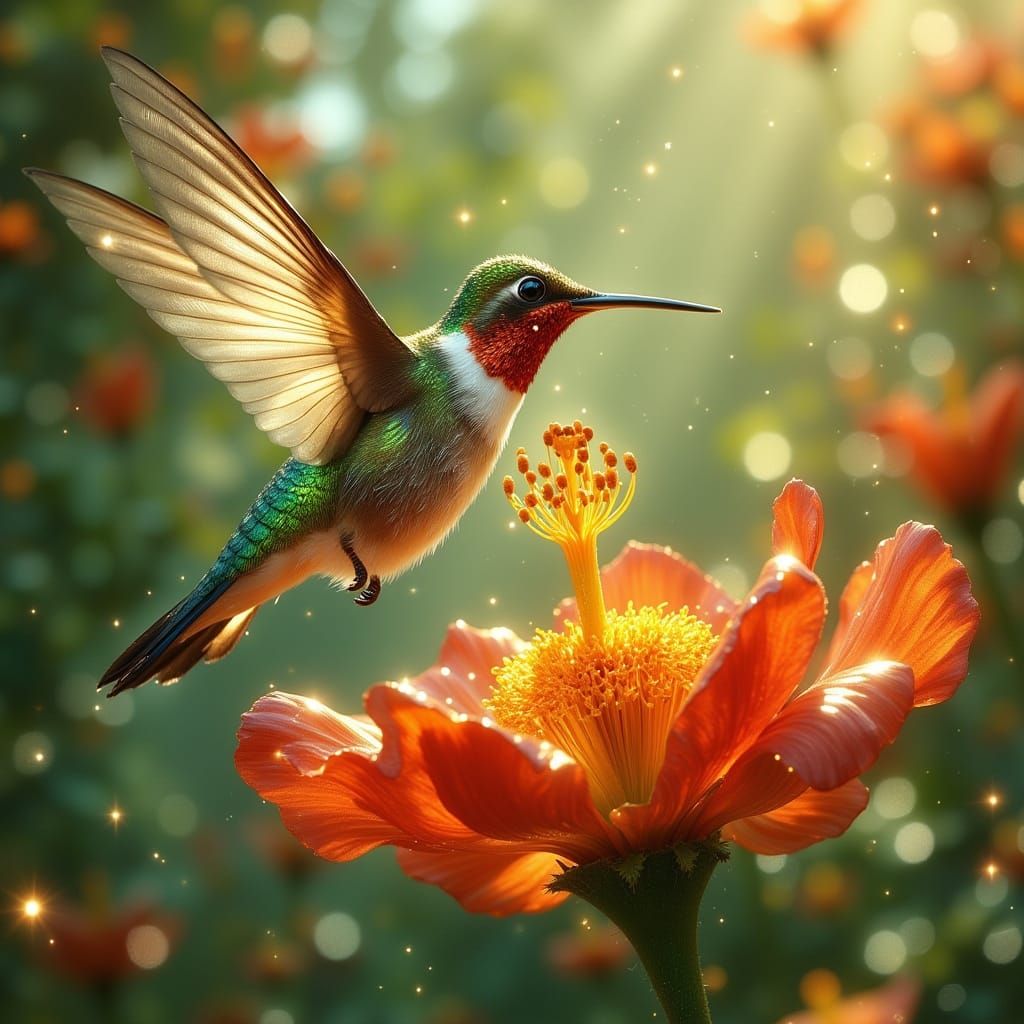 <lora:Exquisite Flux:1.0> A tiny hummingbird, having navigated a perilous journey through a garden teeming with unseen d...