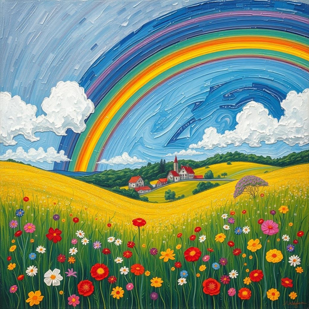 Whimsical Landscape with Rainbow in Impressionistic Style
