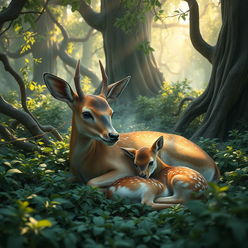 Doe and Fawns in Forest, Dreamlike Illustration