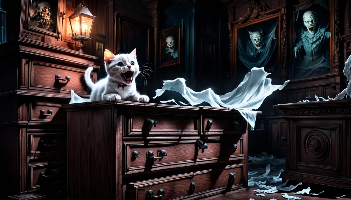 Frightened Kitten Discovering Ghost in Haunted Mansion