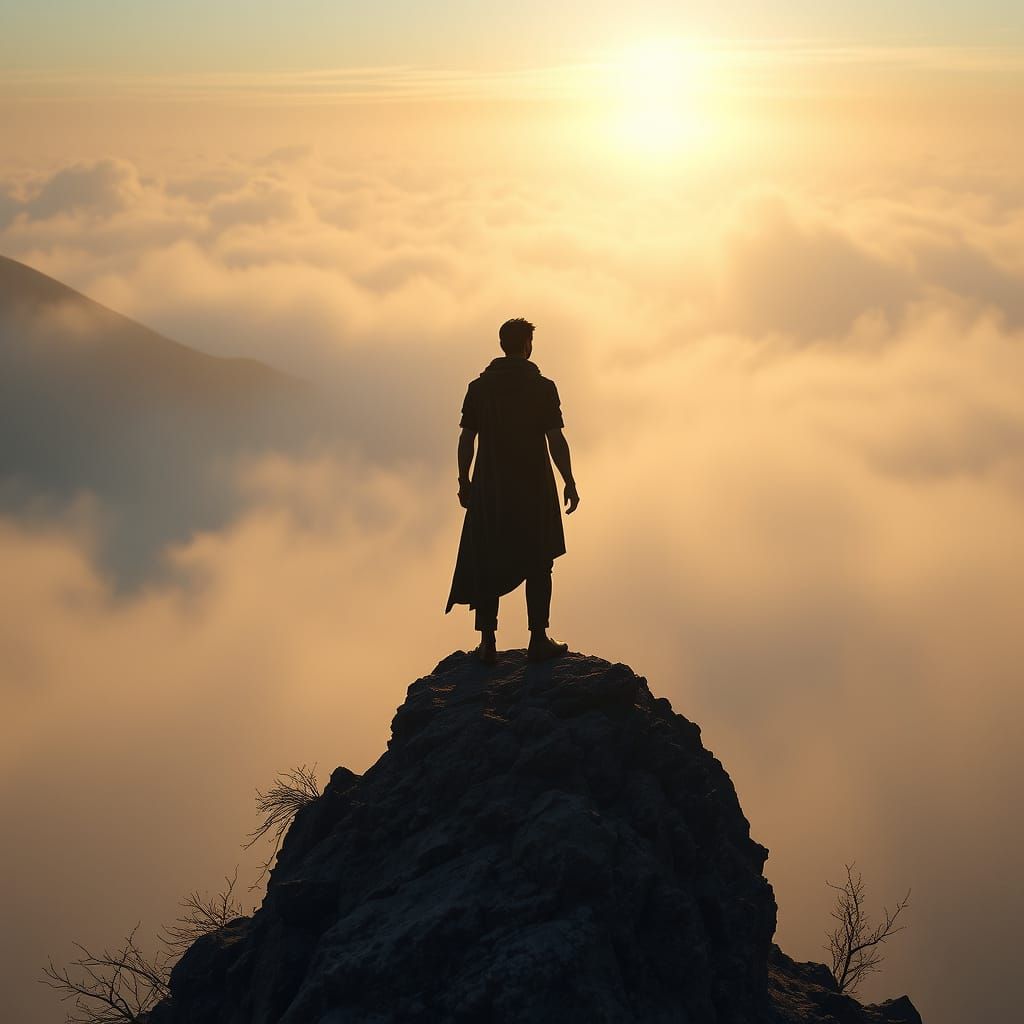 Lone Figure Gazing into Misty Valley at Sunrise