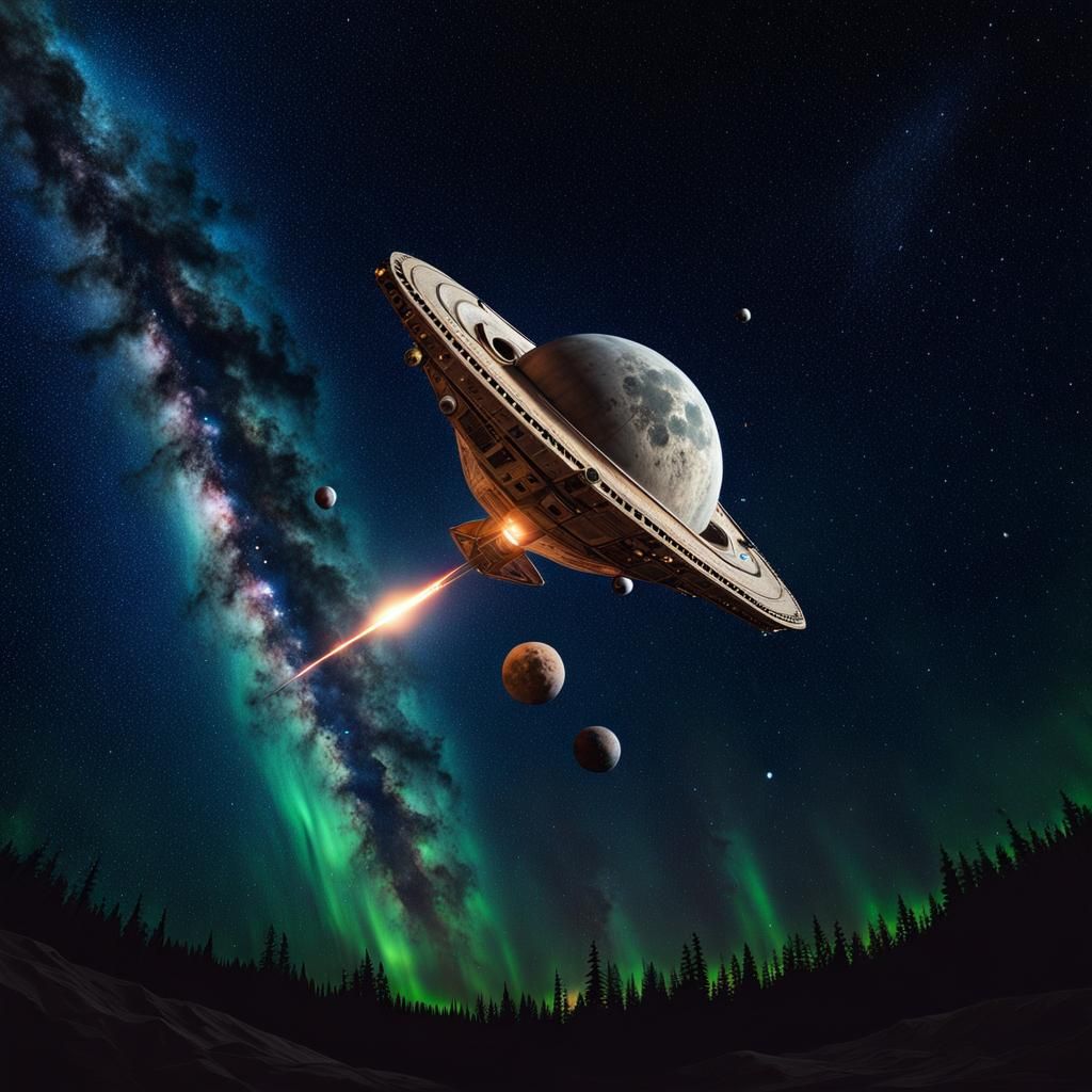 Miniature Spaceship Among Planets and Northern Lights