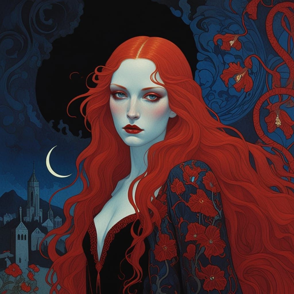 Art Nouveau Vampire with Red Hair in Dark Fantasy Style