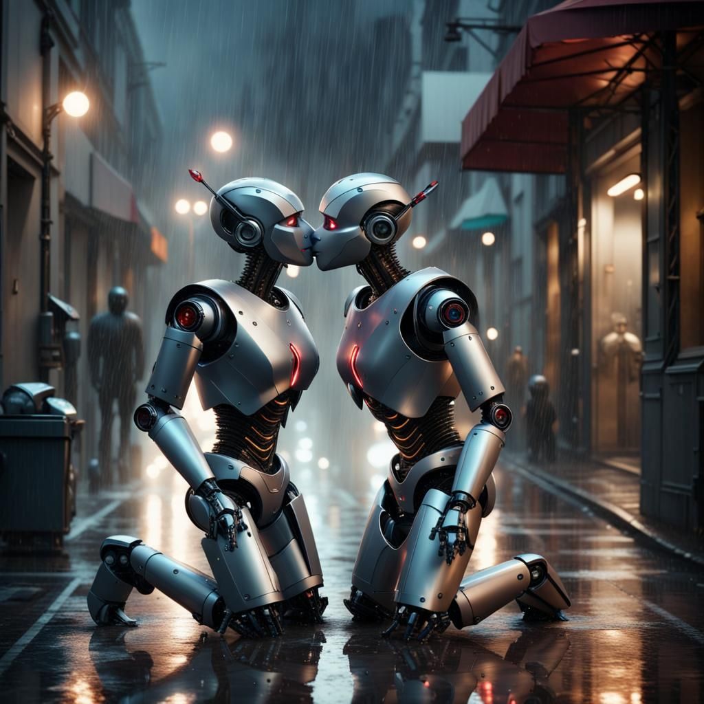 Robots Kissing Passionately in Rainy Sci-Fi Scene