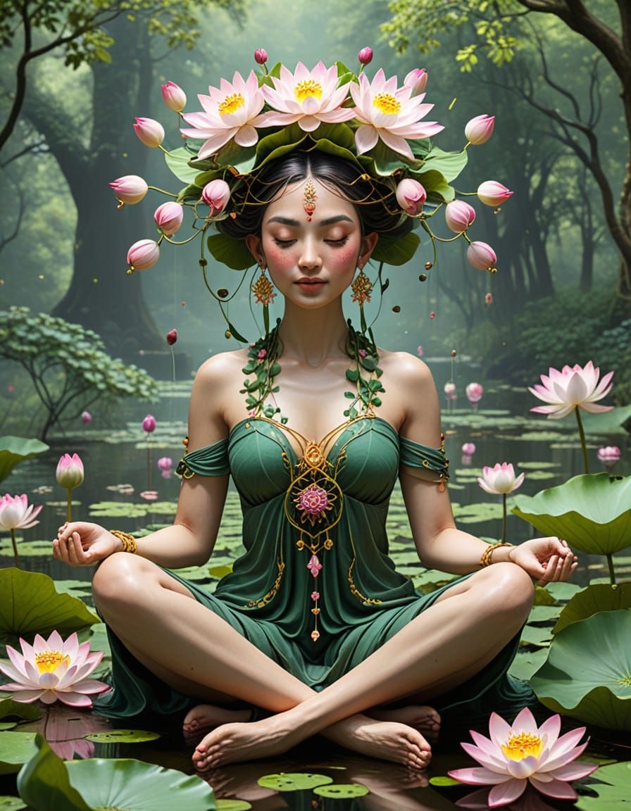 Lotus Flower Goddess with Delicate Headdress and Rooted Eleg...