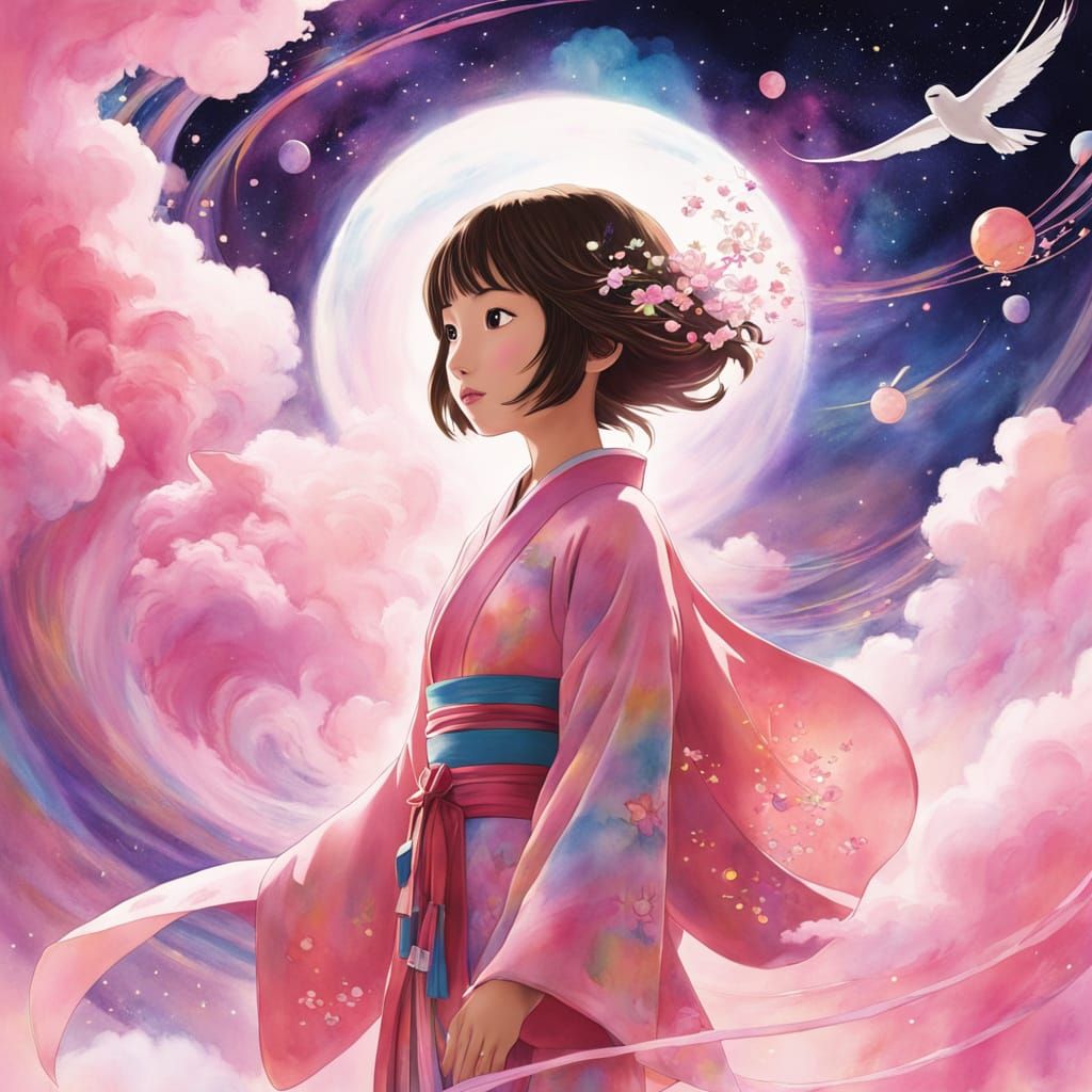 Spirited Away Poster: Chihiro in Dreamlike Pastel Void