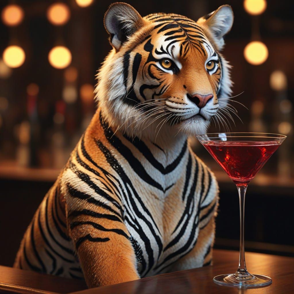 Sultry Tiger Woman Sips Martini in Luxurious Bar Setting