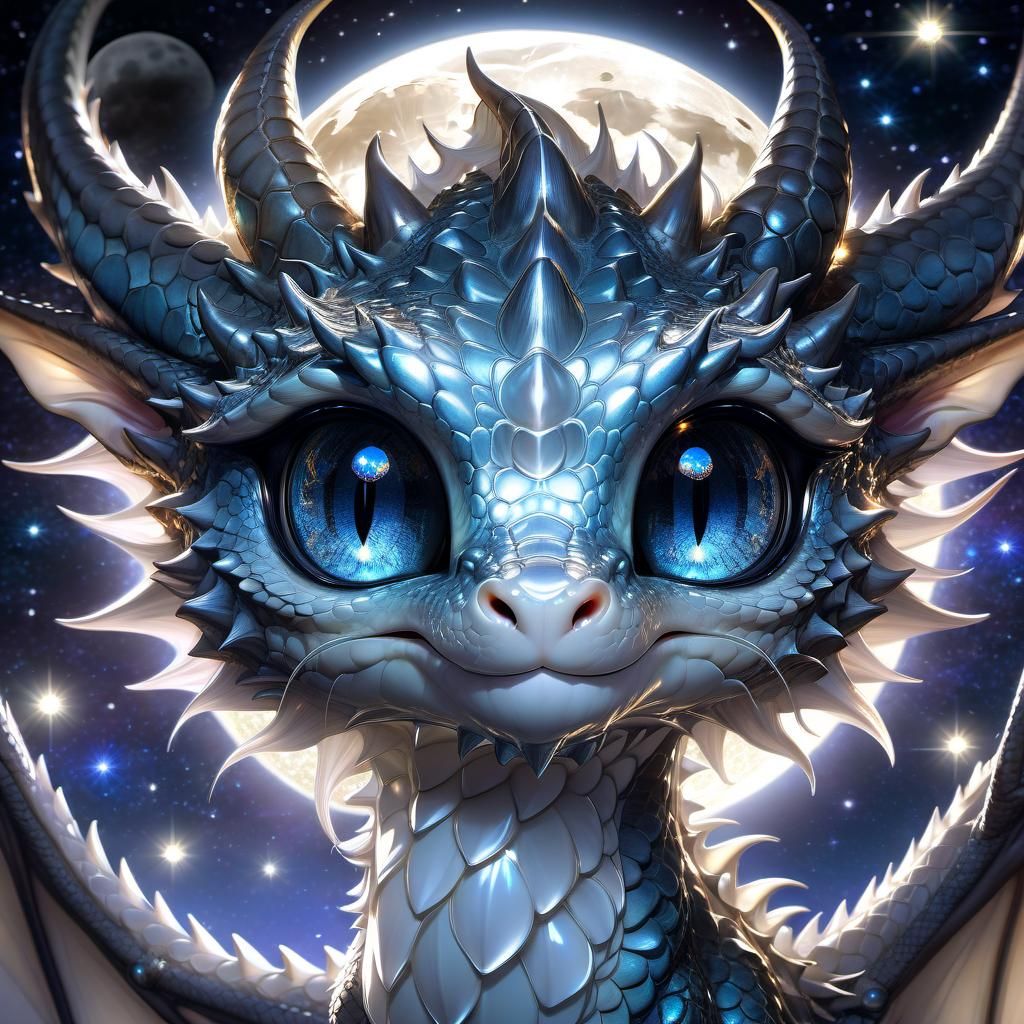 Glassy Eyed Dragon Gazing at Moon, Anime Style