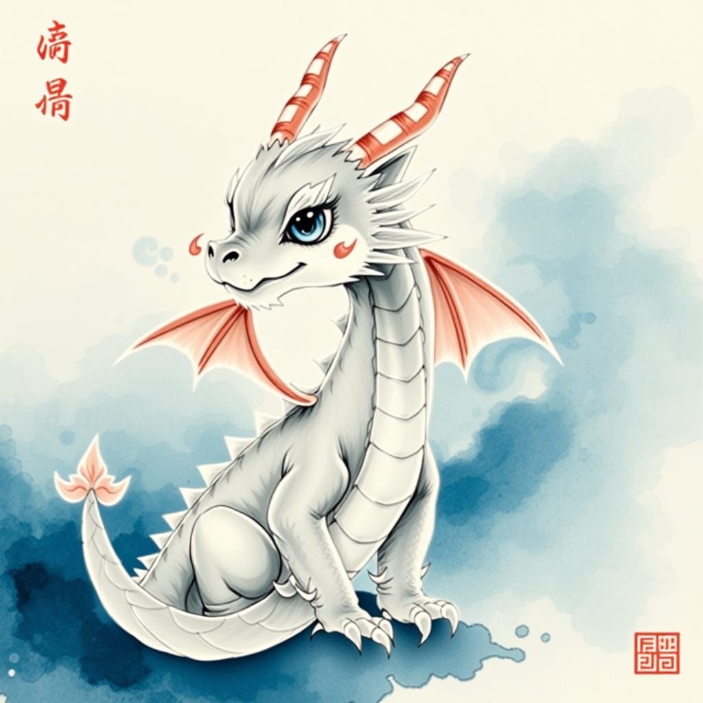 Cute Gray Dragon in Chinese Ink Wash Style