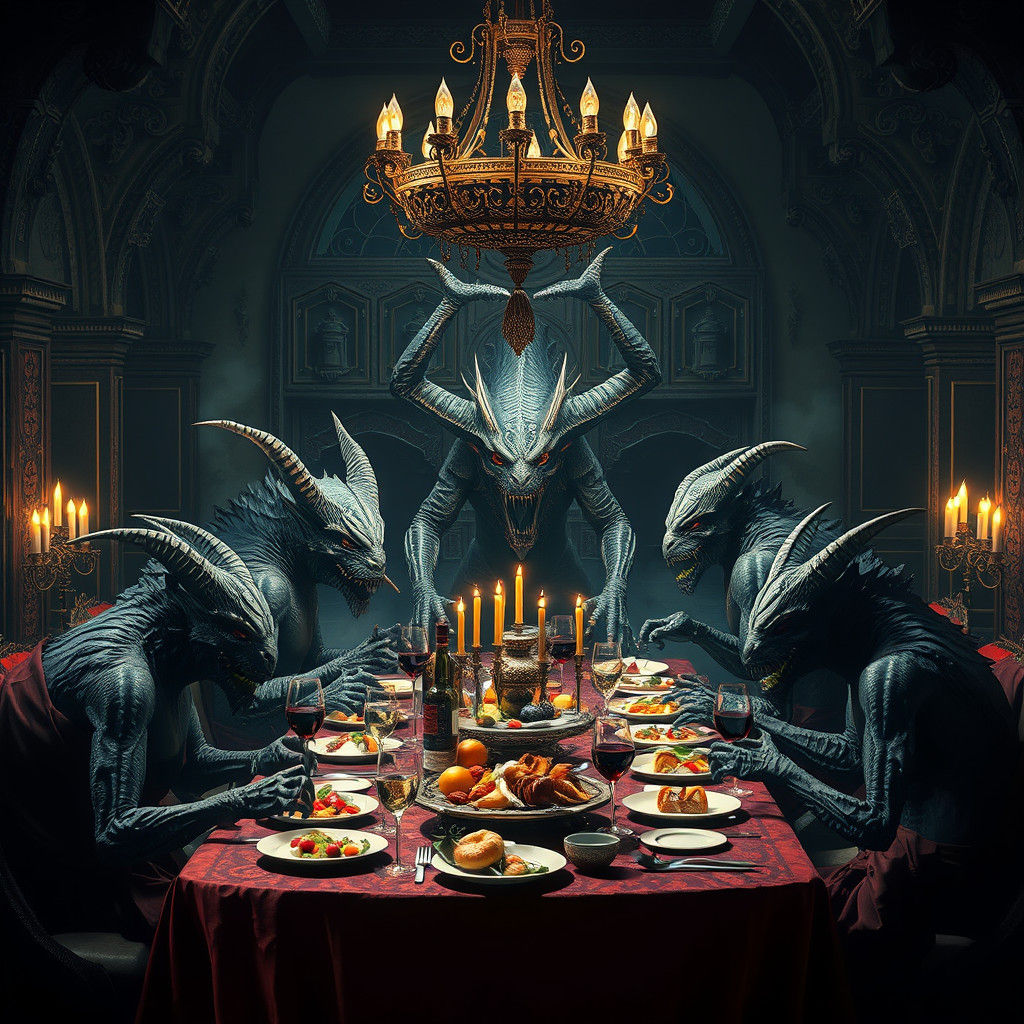 Monsters' Lavish Banquet in Gothic Castle, Digital Art