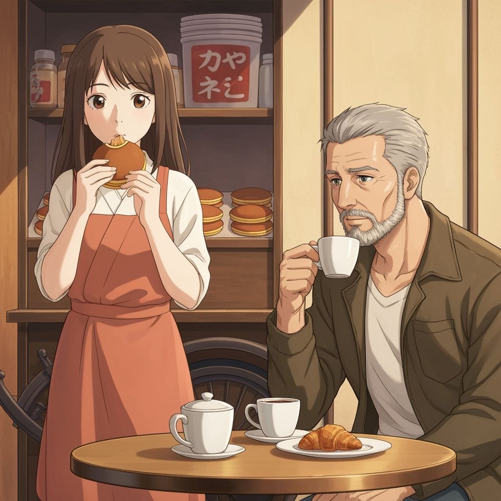 Japanese Girl Eats Dorayaki Beside Italian Man
