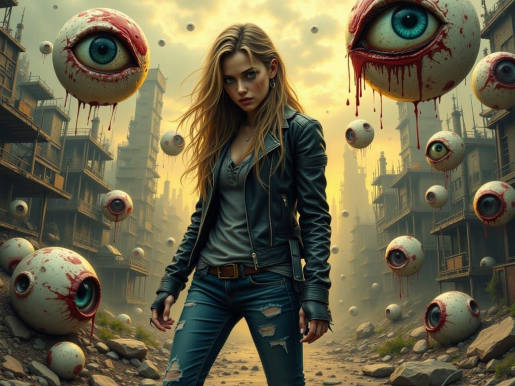 Girl in Dystopian Cityscape with Floating Eyeballs
