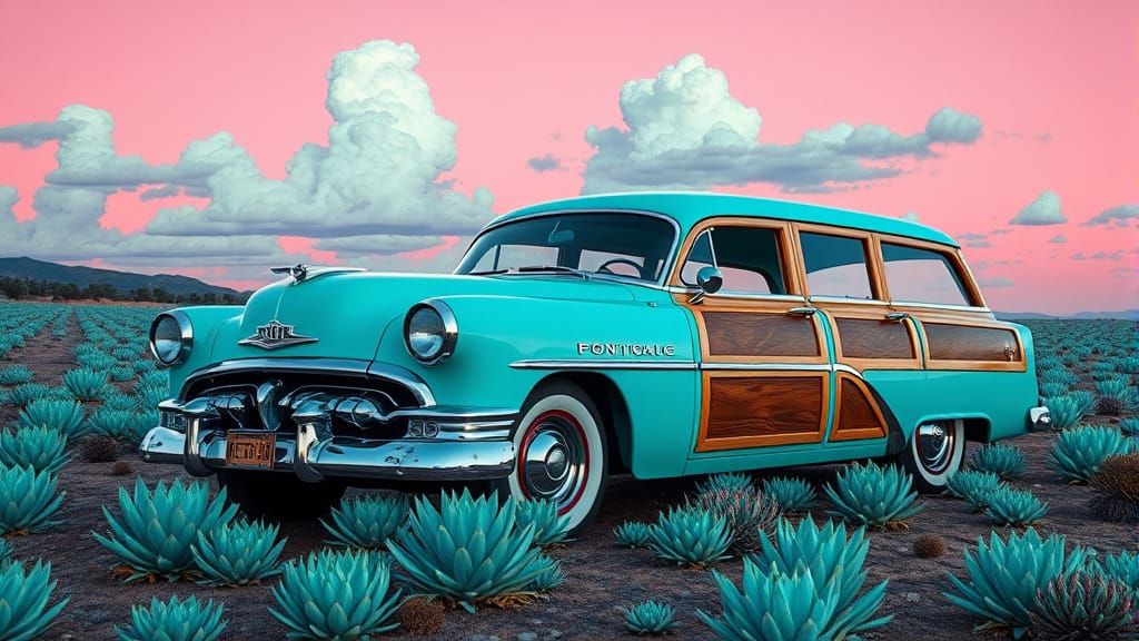 1952 Pontiac station wagon Woodie in a surreal turquoise lan...