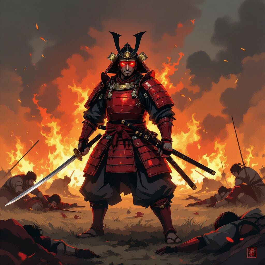 Samurai Warrior in Fiery Battlefield, Japanese Art Style